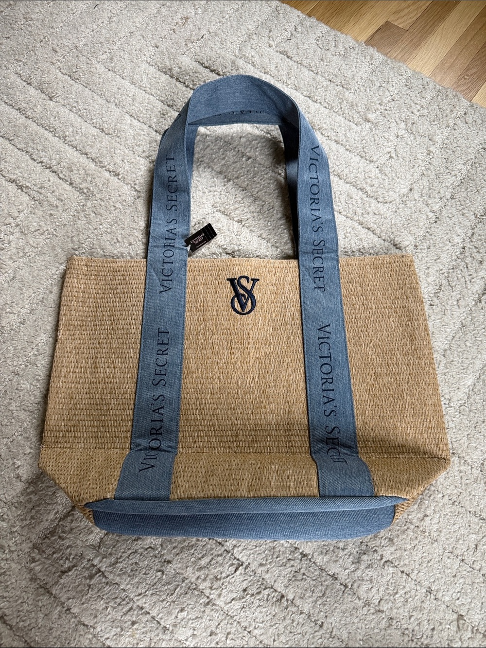 Victoria's Secret Natural Straw Tote with Denim Blue Straps